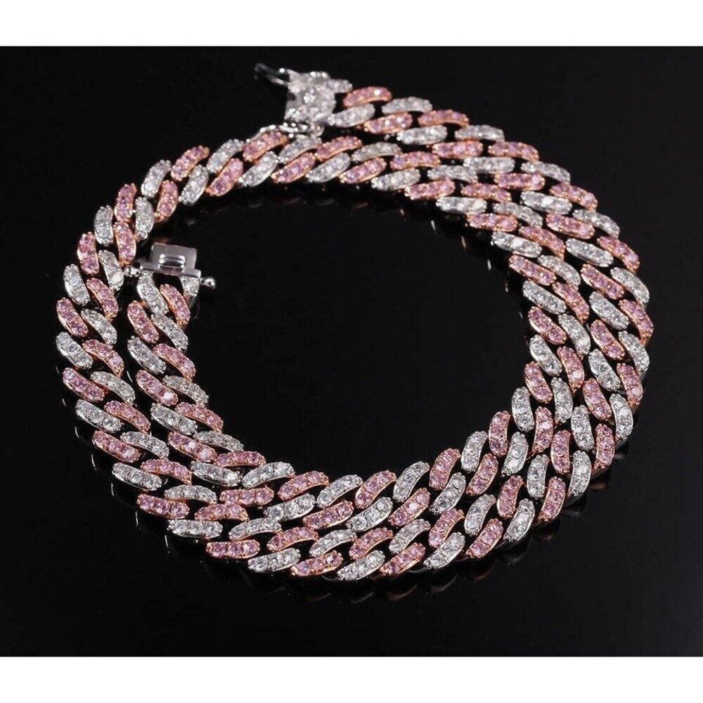 Pink cuban Choker Necklace ,Silver /rose Gold Cuban Link With White &Pink Cubic